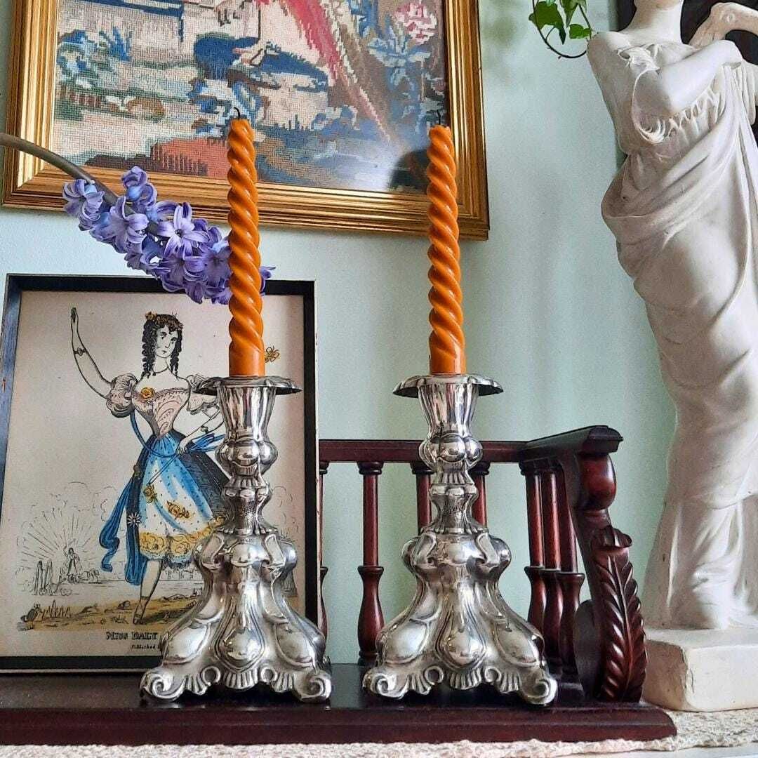 Antique Scandinavian Baroque Nickel Silver Candlestick Holders Pair Marked Prima Ns Alp Made In Sweden Early 1900's. photo Home Decor