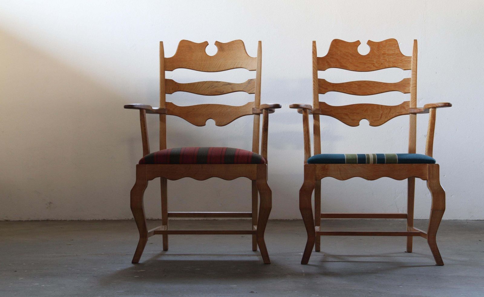 1004.0 Vintage Brutalist Oak Razorblade Green Striped Armchair By H. Kjærnulf, 1960s photo