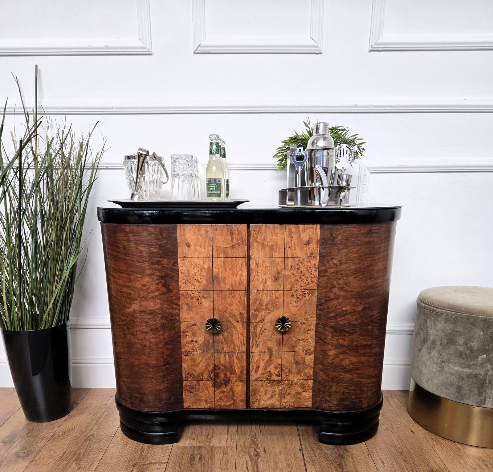 Italian 1960s Art Deco Mid Century Burl Walnut Mirror Mosaic Dry Bar Cabinet photo for sale