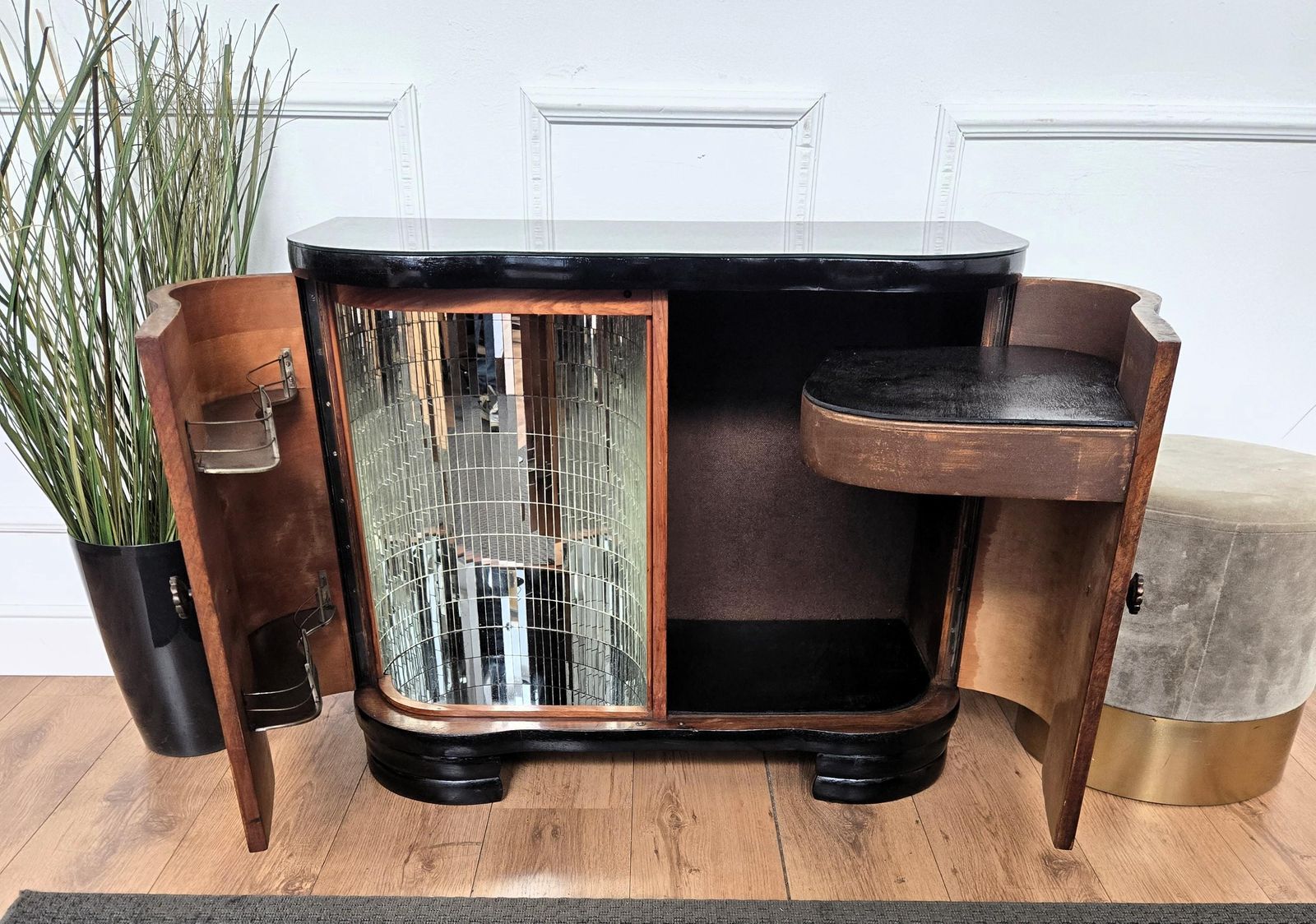 photo for sale Italian 1960s Art Deco Mid Century Burl Walnut Mirror Mosaic Dry Bar Cabinet