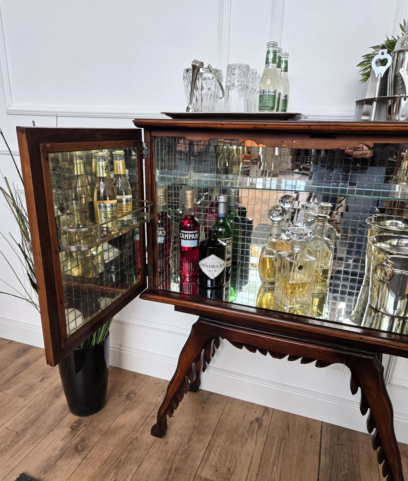 1950s Art Deco Midcentury Italian Walnut Mirror Mosaic Sideboard Bar Cabinet photo vinterior