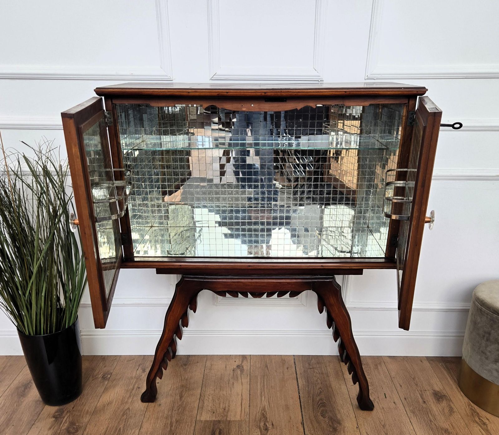 photo for sale 1950s Art Deco Midcentury Italian Walnut Mirror Mosaic Sideboard Bar Cabinet