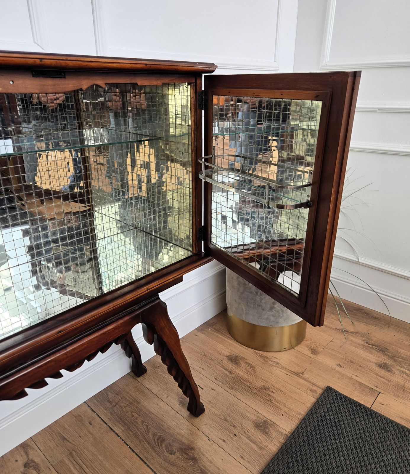 Furniture 1950s Art Deco Midcentury Italian Walnut Mirror Mosaic Sideboard Bar Cabinet photo
