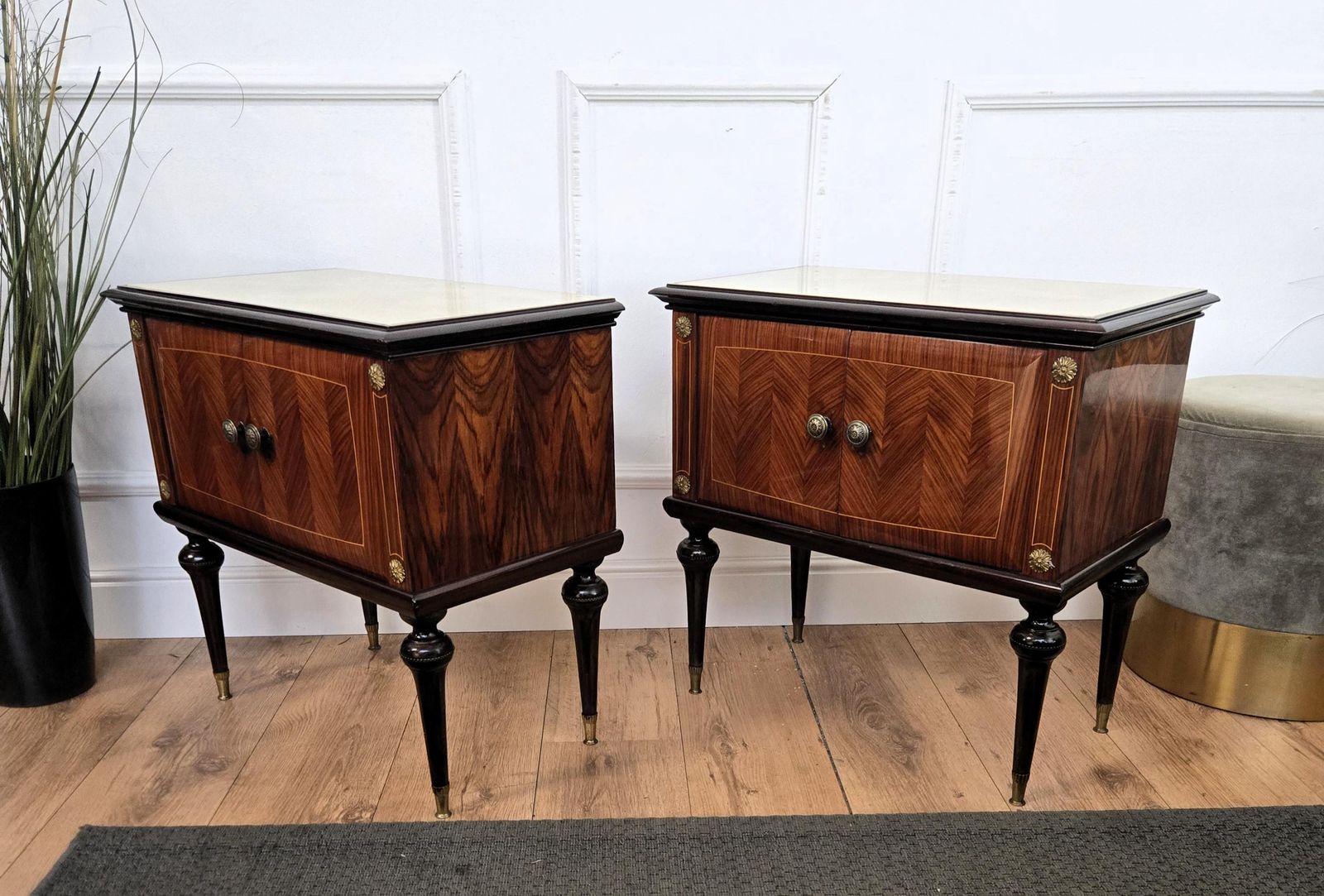 Pair Of Mid Century Italian Art Deco Nightstands Bedside Tables Walnut Glass Top photo vintage