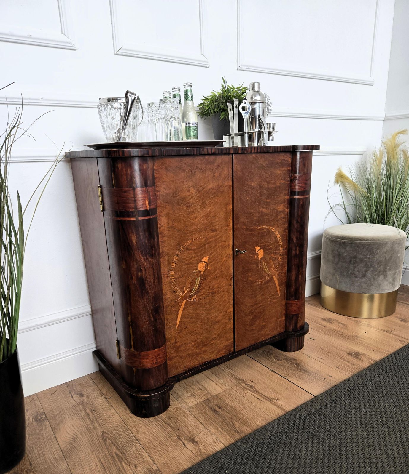 1950s Art Deco Mid Century Modern Italian Walnut Burl Glass Top Dry Bar Cabinet photo furniture