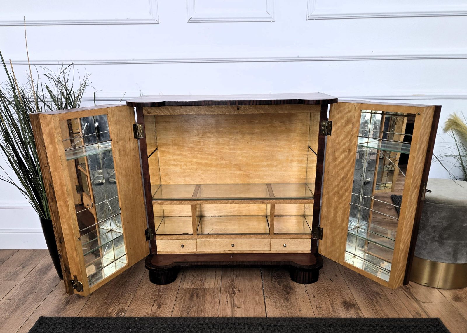 photo furniture 1950s Art Deco Mid Century Modern Italian Walnut Burl Glass Top Dry Bar Cabinet