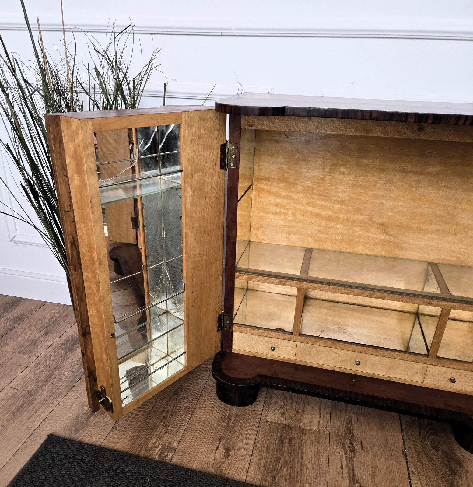 photo for sale 1950s Art Deco Mid Century Modern Italian Walnut Burl Glass Top Dry Bar Cabinet