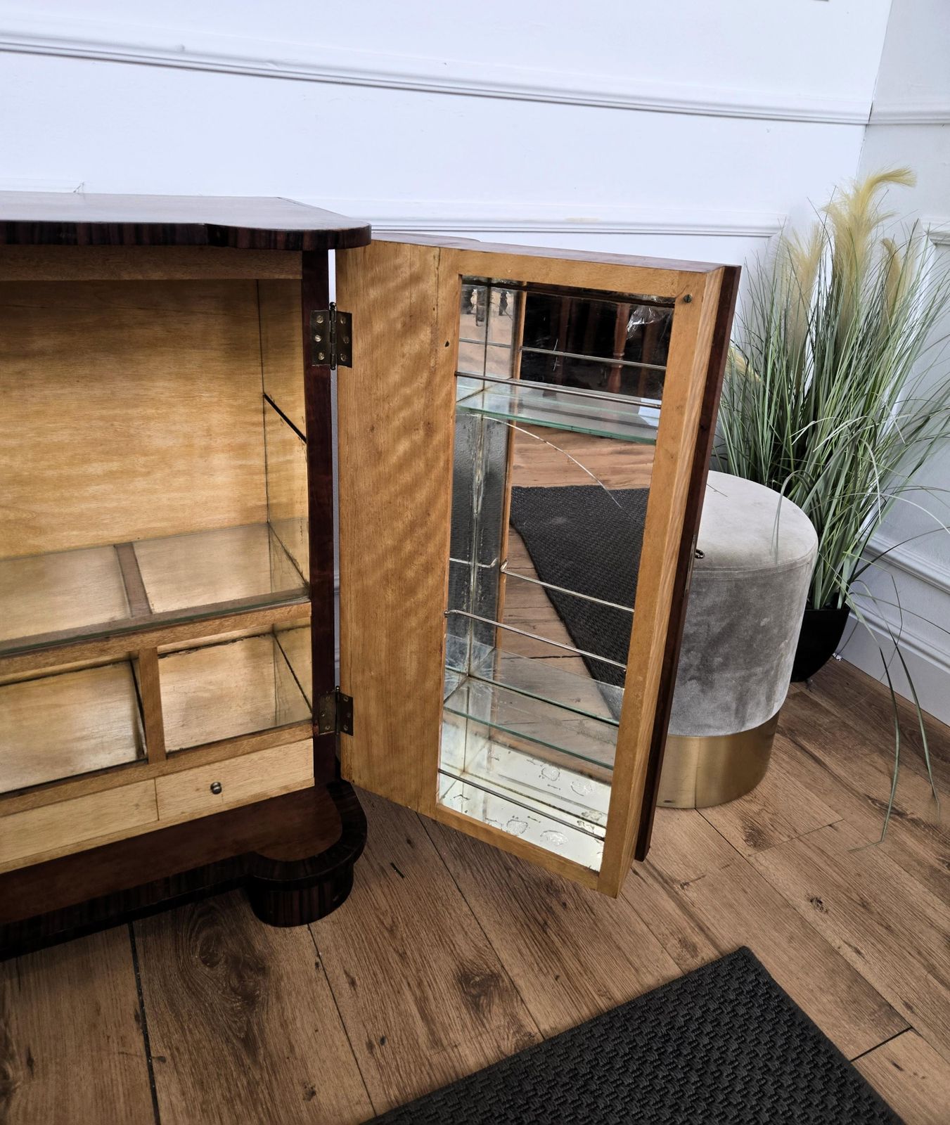Furniture 1950s Art Deco Mid Century Modern Italian Walnut Burl Glass Top Dry Bar Cabinet photo