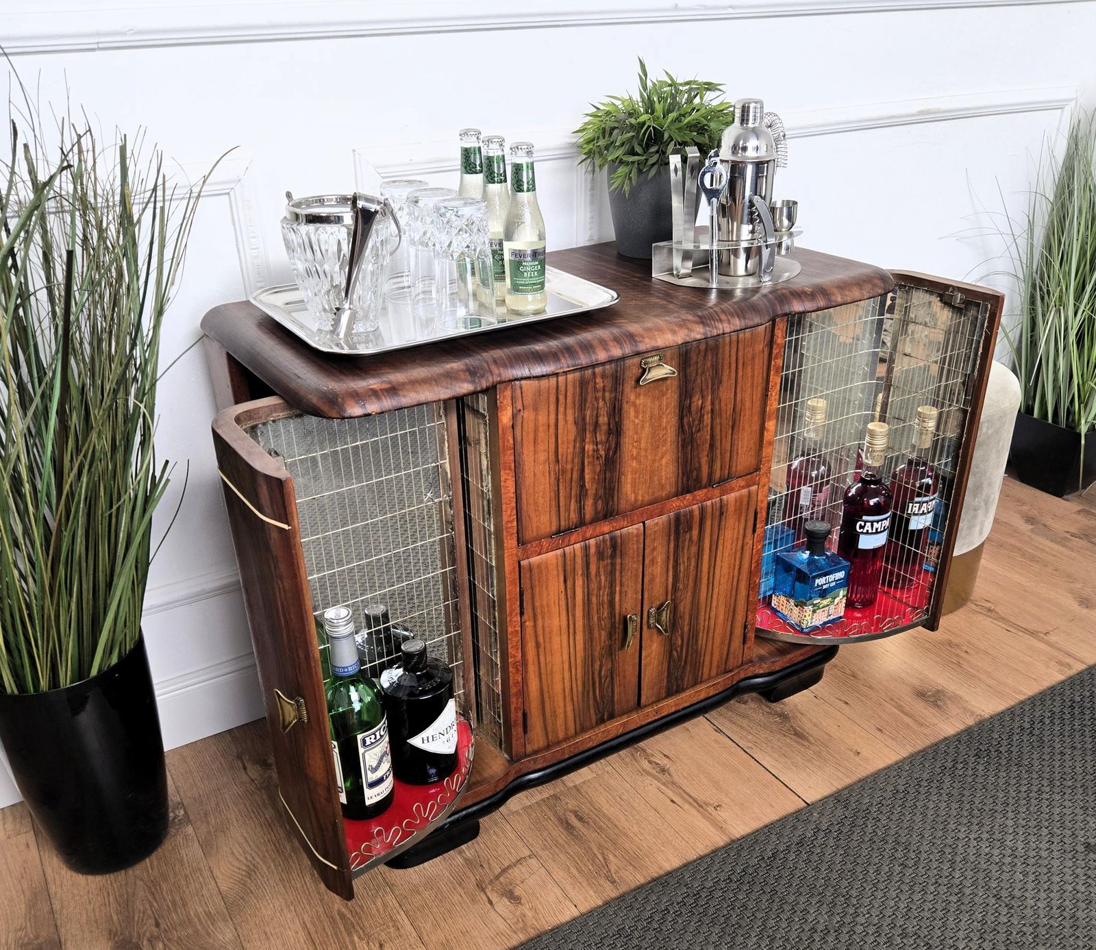 1960s Art Deco Mid Century Italian Walnut Burl And Mirror Mosaic Dry Bar Cabinet photo furniture