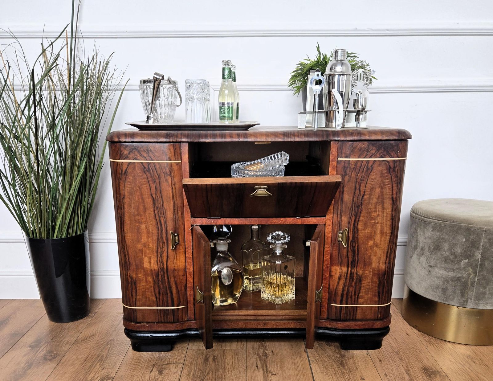 1960s Art Deco Mid Century Italian Walnut Burl And Mirror Mosaic Dry Bar Cabinet photo 1999.0