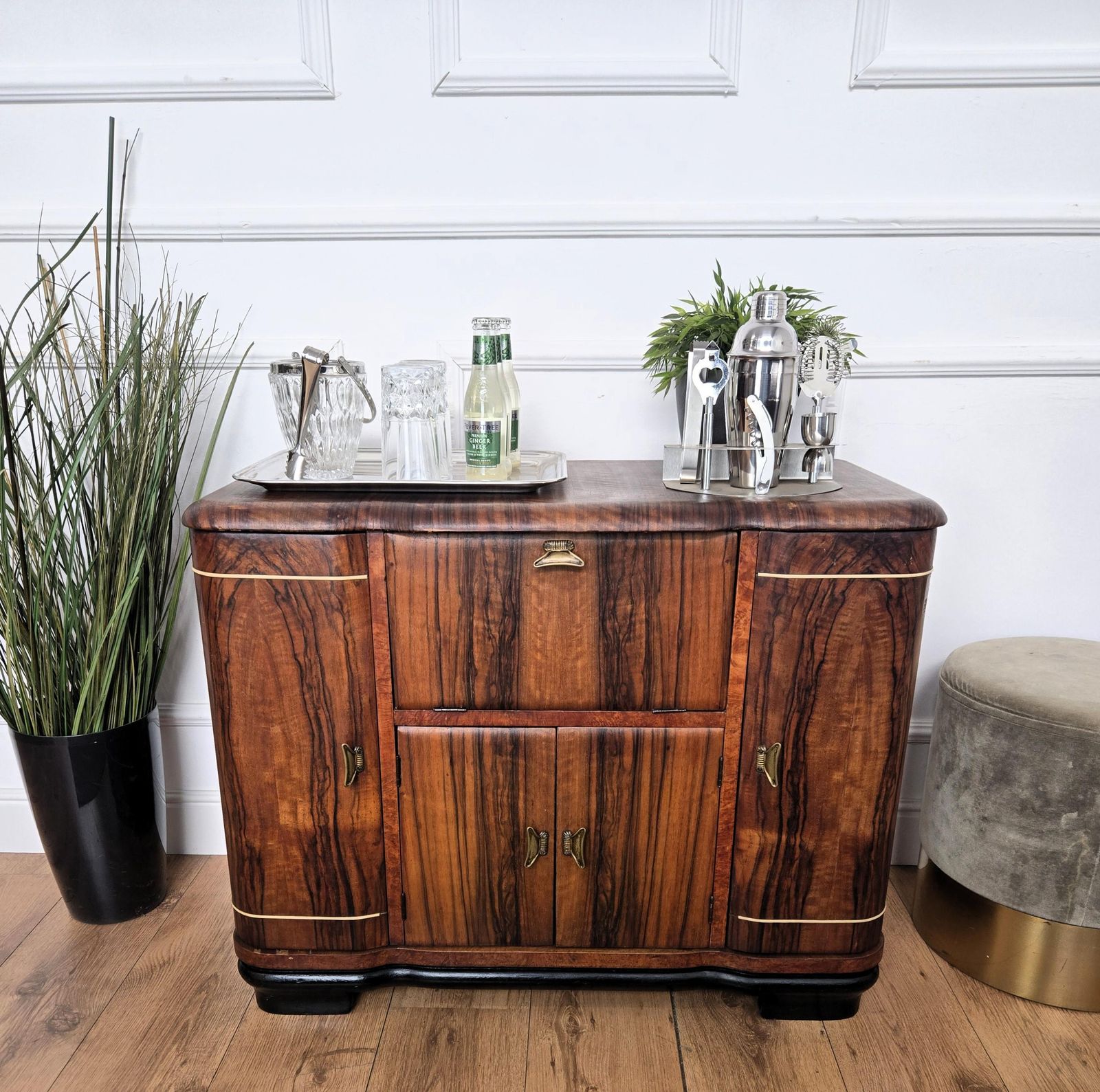 1960s Art Deco Mid Century Italian Walnut Burl And Mirror Mosaic Dry Bar Cabinet photo vinterior