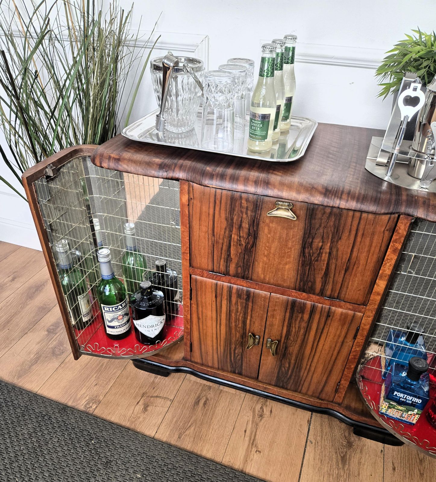 1960s Art Deco Mid Century Italian Walnut Burl And Mirror Mosaic Dry Bar Cabinet photo buy