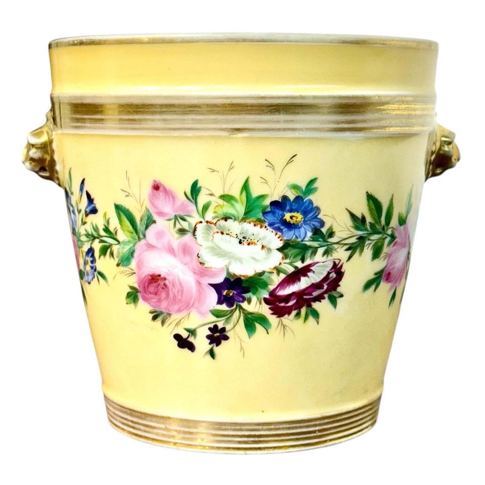 19th Century Paris Porcelain Cache Pot With Hand Painted Flowers
