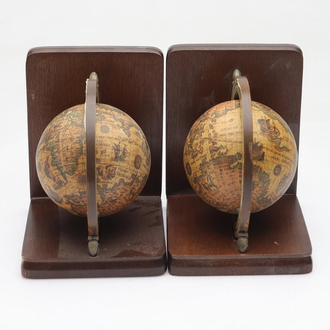 Midcentury Wooden Bookends World Globe photo for sale