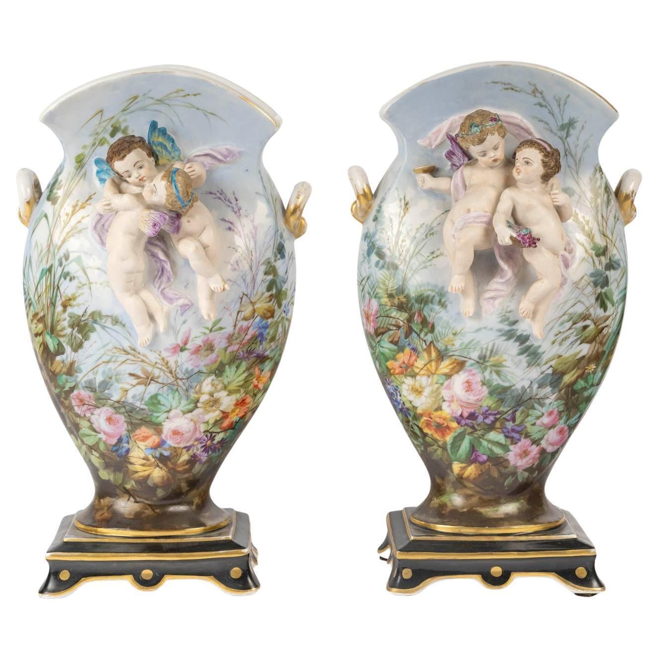 Pair Of Paris Porcelain Vases, 19th Century, Napoleon III Period.