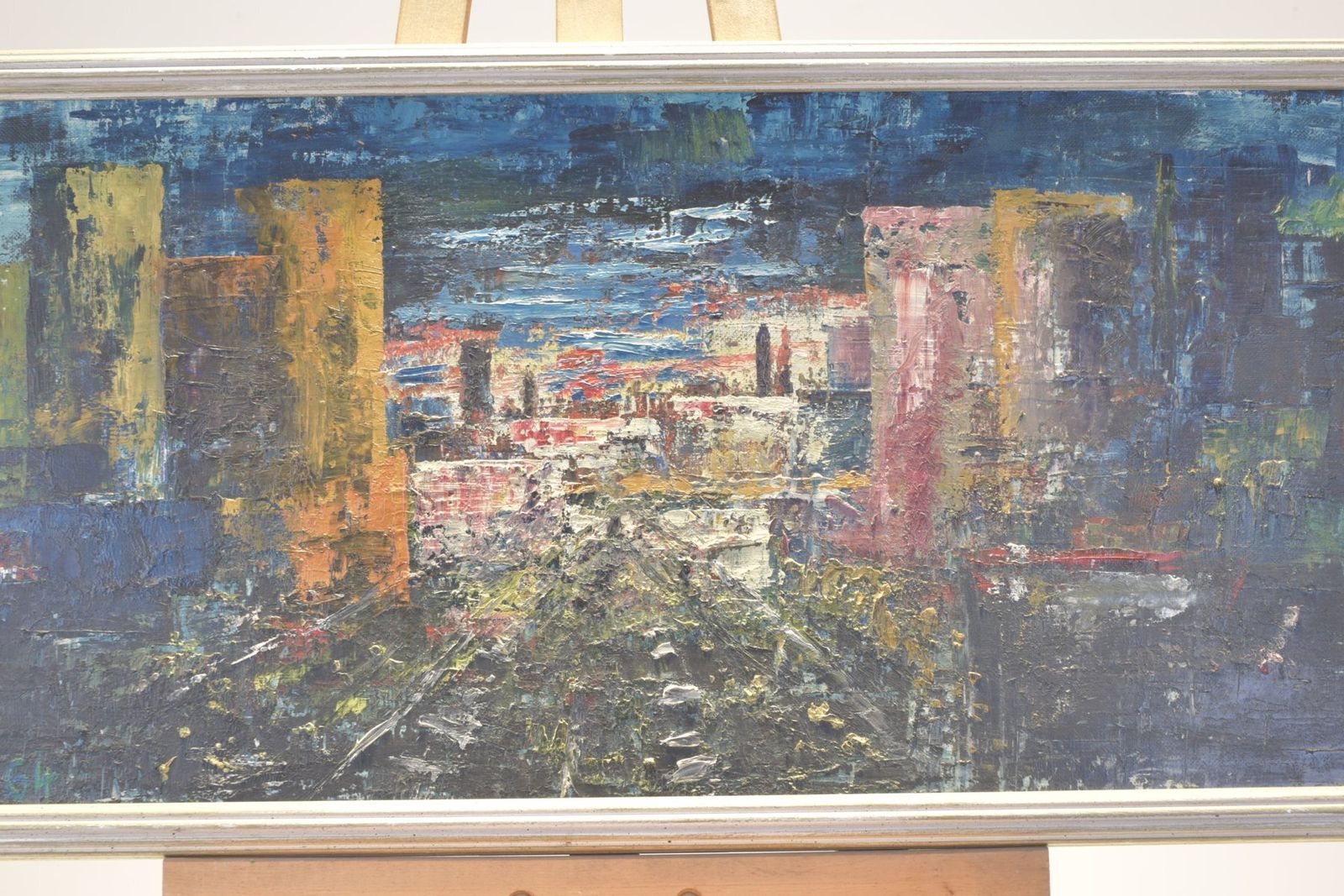 Oil Painting, Abstract City, Monogrammed E.W., 1964 photo furniture