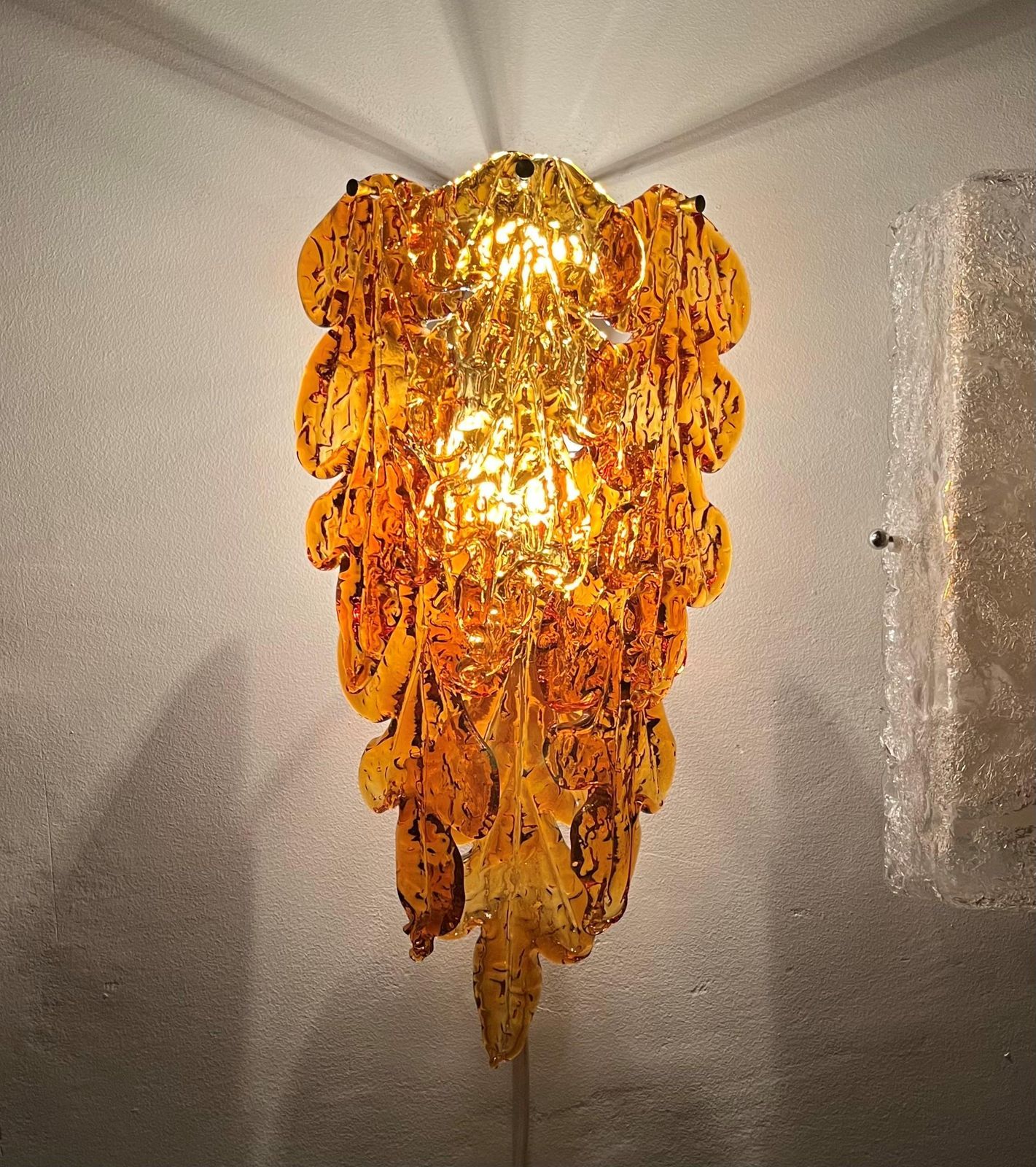 Italian Midcentury Pair Of Amber Murano Leaf Wall Sconces By Mazzega, 1970s photo furniture