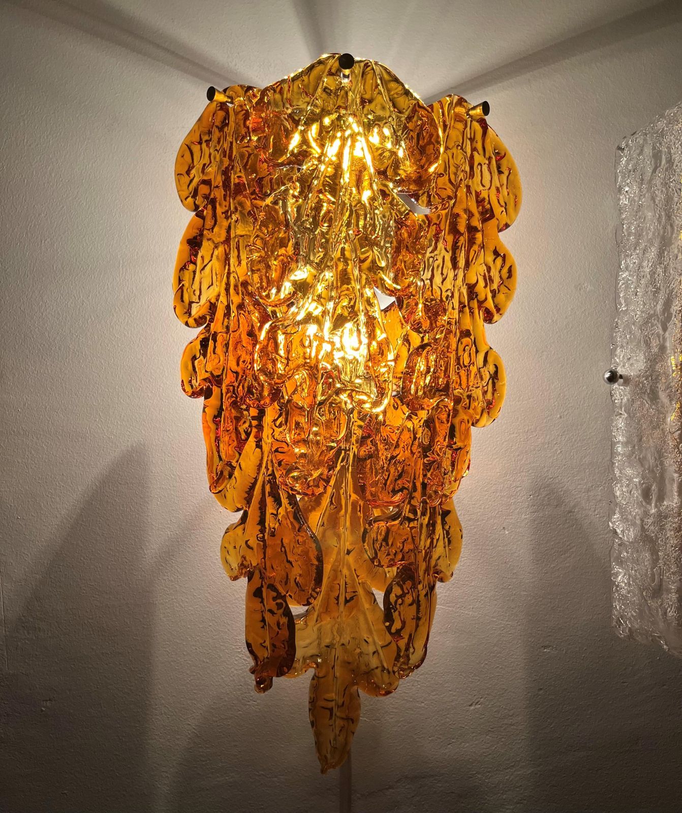 Italian Midcentury Pair Of Amber Murano Leaf Wall Sconces By Mazzega, 1970s photo Lighting