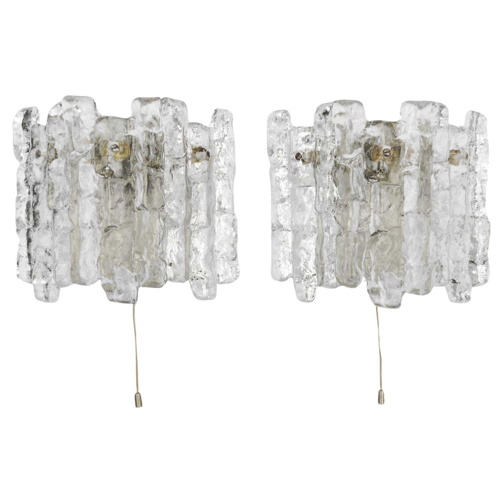 A Pair Of Ice Glass Wall Lights By J.T. Kamlar Franken Kg, 1960s