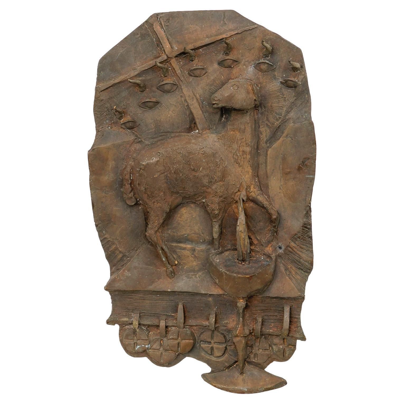 Lamb On Bible With Chalice – Bronze Wall Plaque From An Eastern European Church