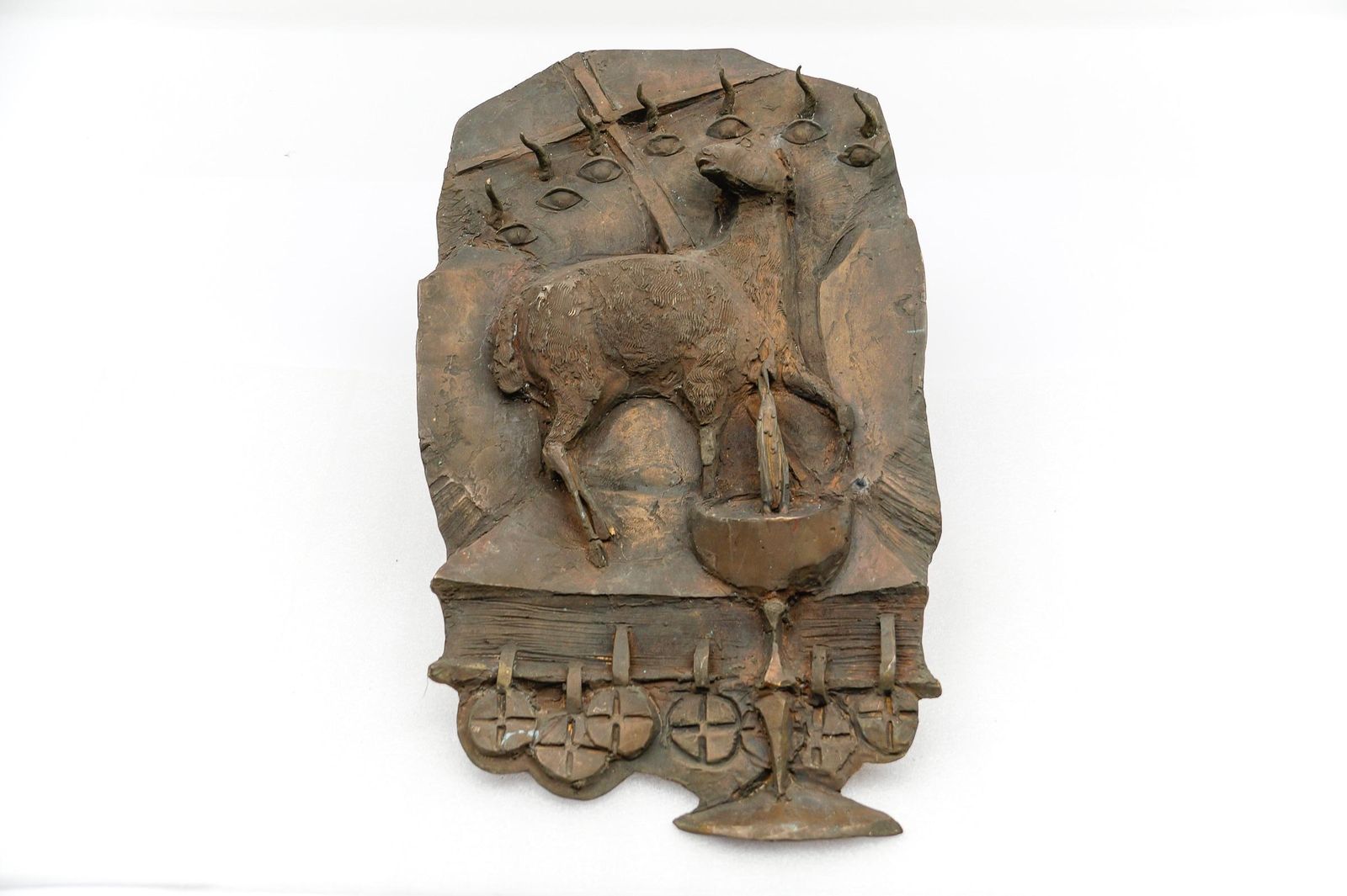 Lamb On Bible With Chalice – Bronze Wall Plaque From An Eastern European Church photo for sale