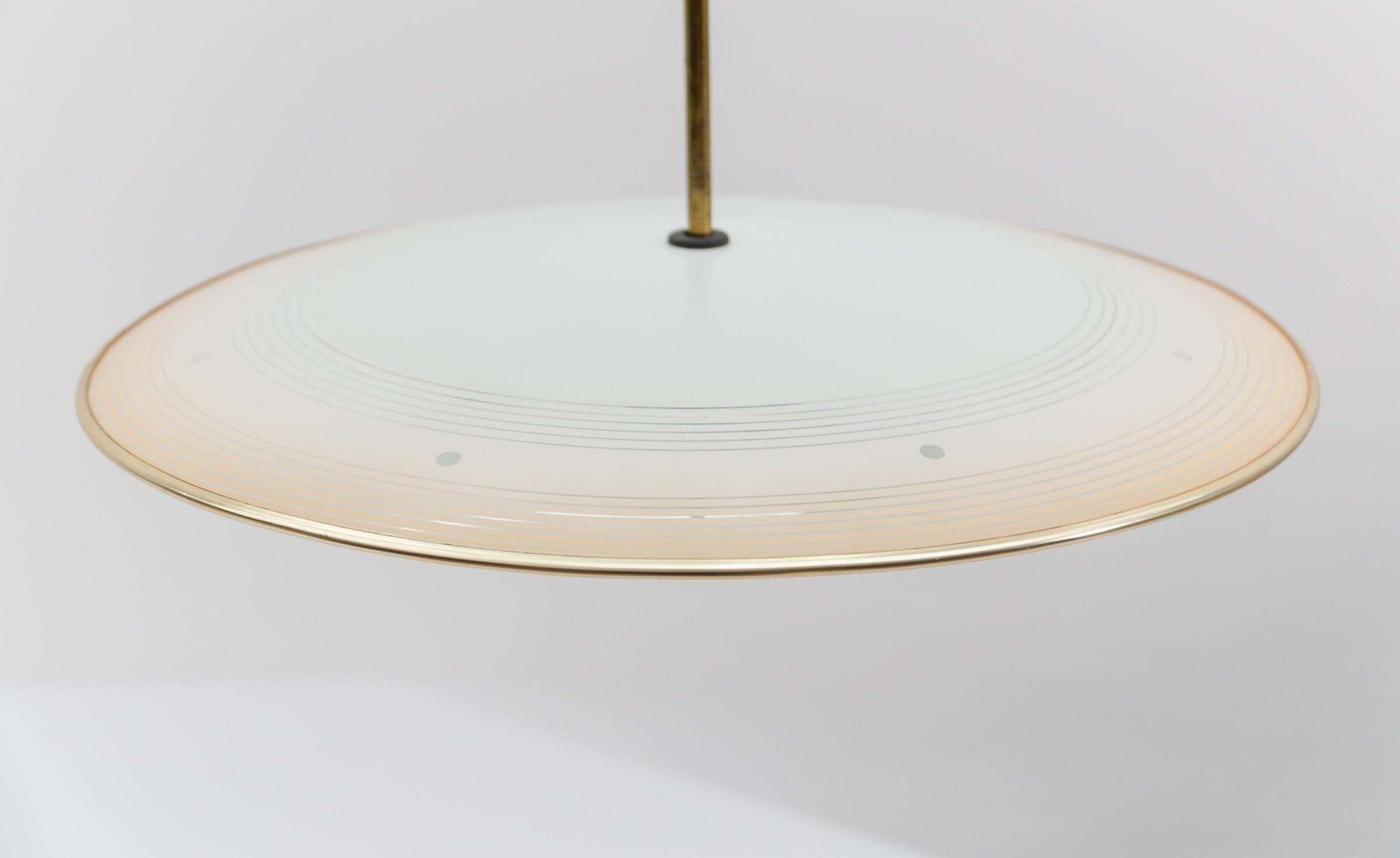 photo for sale Beautiful Mid Century Modern Hanging Lamp In Glass And Brass, 1950s