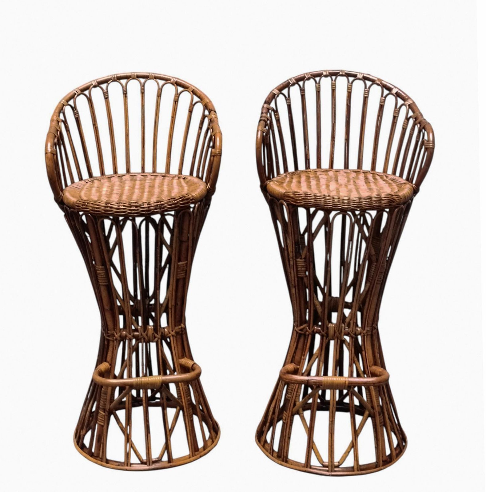 Tito Agnoli Style Pair Of Woven Rattan Stools, Italy 1960s photo furniture
