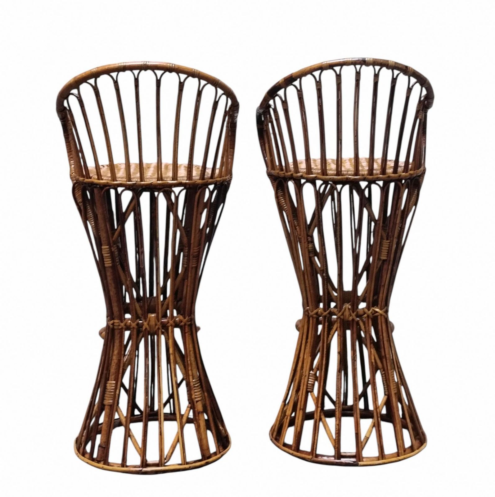 Tito Agnoli Style Pair Of Woven Rattan Stools, Italy 1960s photo 1808.0