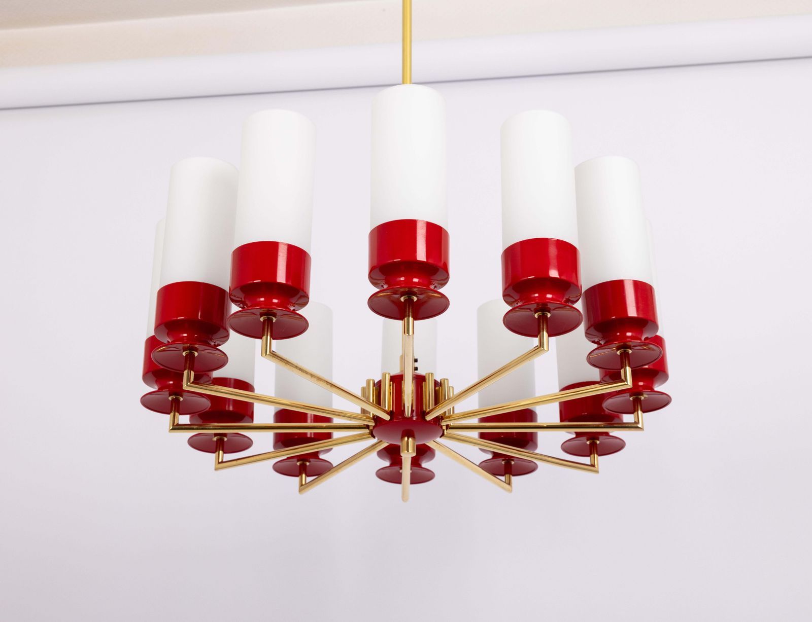 Large Stunning Kaiser Red Sputnik Opal Glass Chandelier, Germany, 1960s photo Lighting
