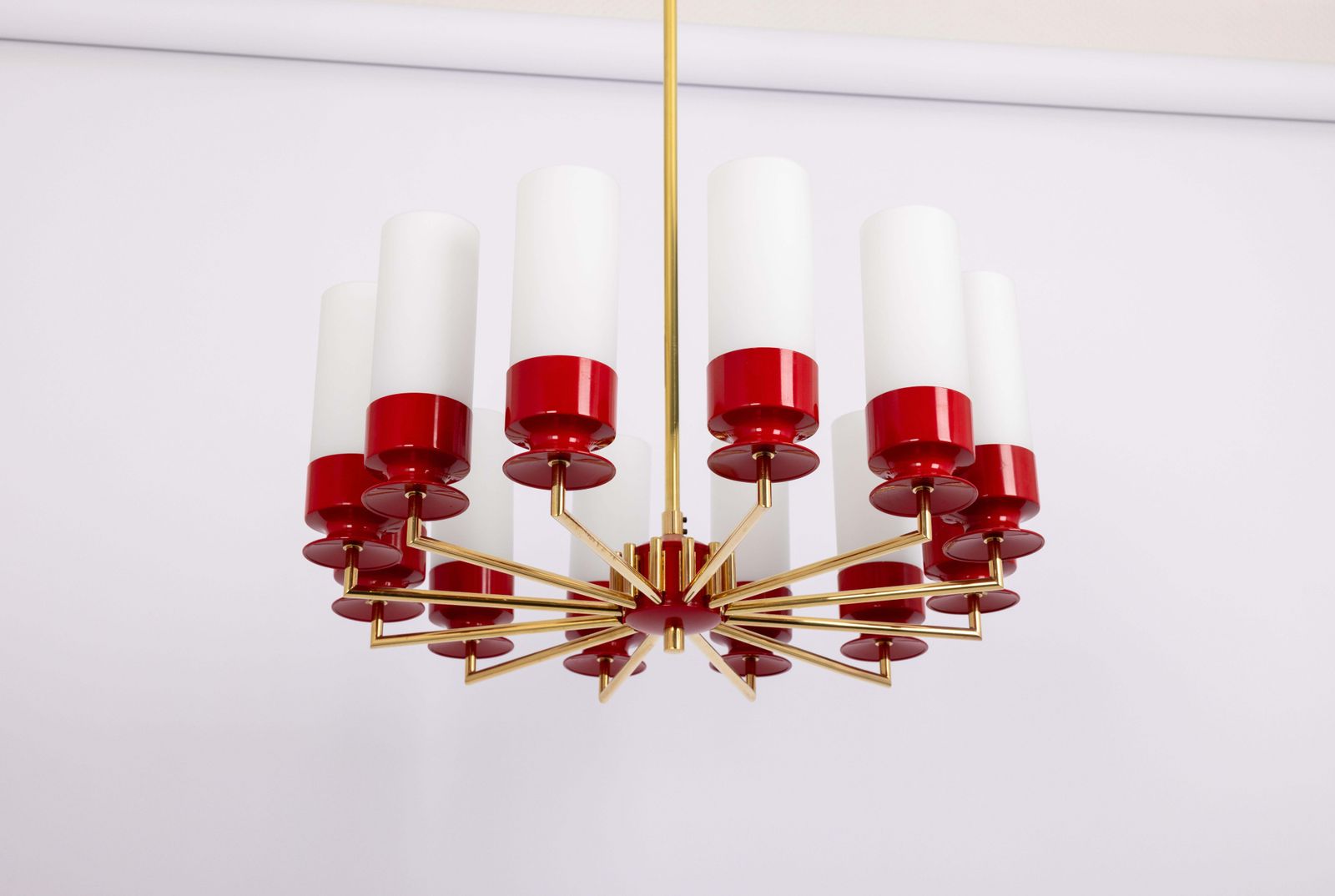 Large Stunning Kaiser Red Sputnik Opal Glass Chandelier, Germany, 1960s photo 1086.0