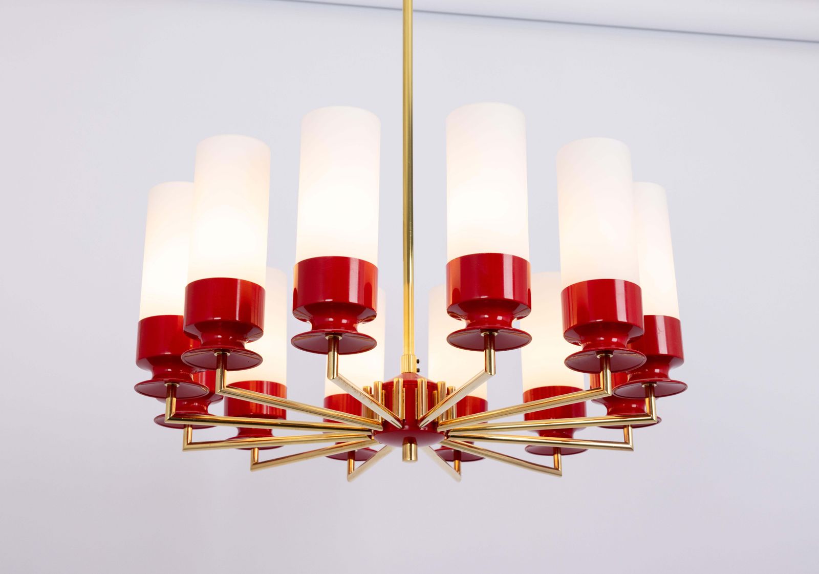 Large Stunning Kaiser Red Sputnik Opal Glass Chandelier, Germany, 1960s photo buy