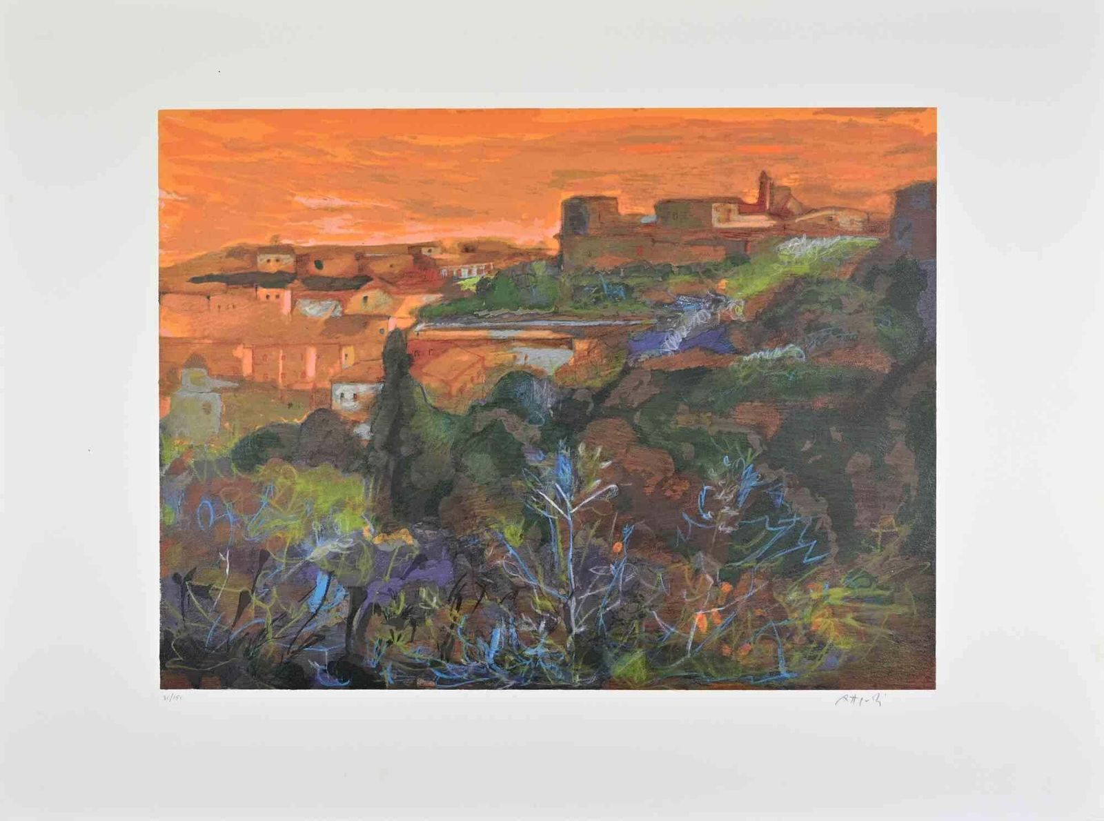 Ugo Attardilandscape At Sunset   Lithograph By Ugo Attardi   1970s1970s