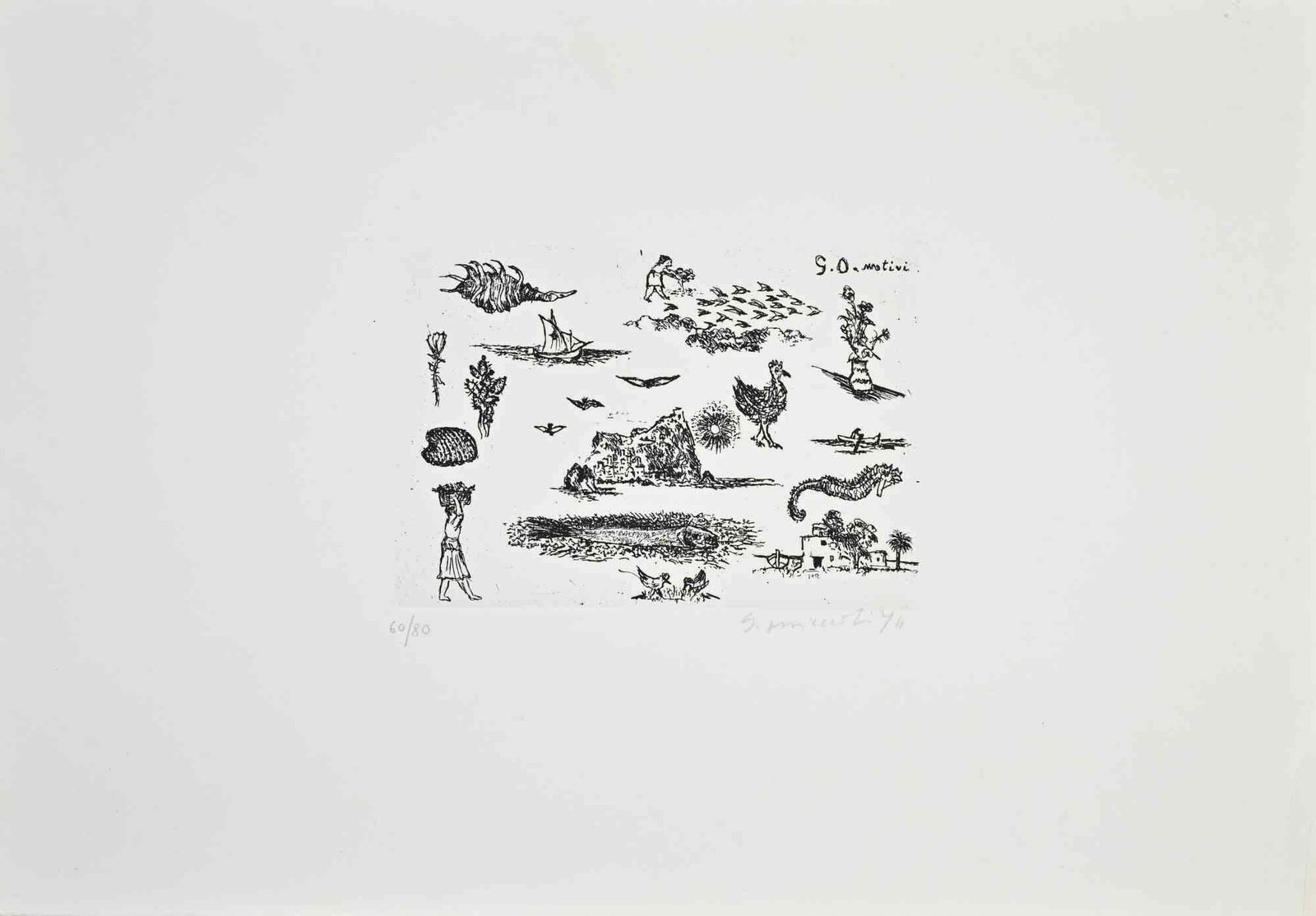 Giovanni Omicciolicomposition Of Elements   Etching By Giovanni Omiccioli   19741974