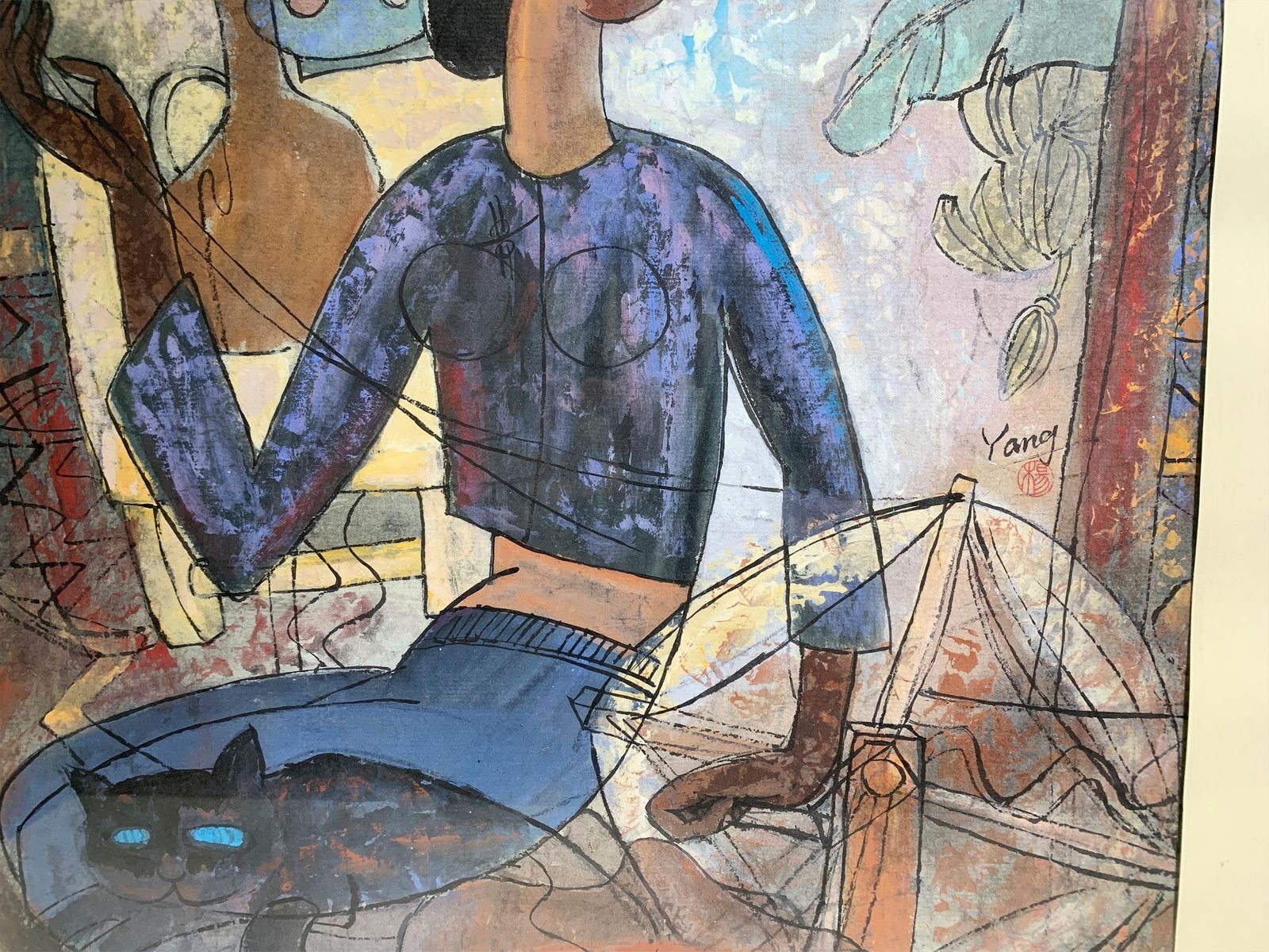 "The Weaver’s Companion" Mixed Media Painting Signed "Yang", Circa 1990's photo vinterior