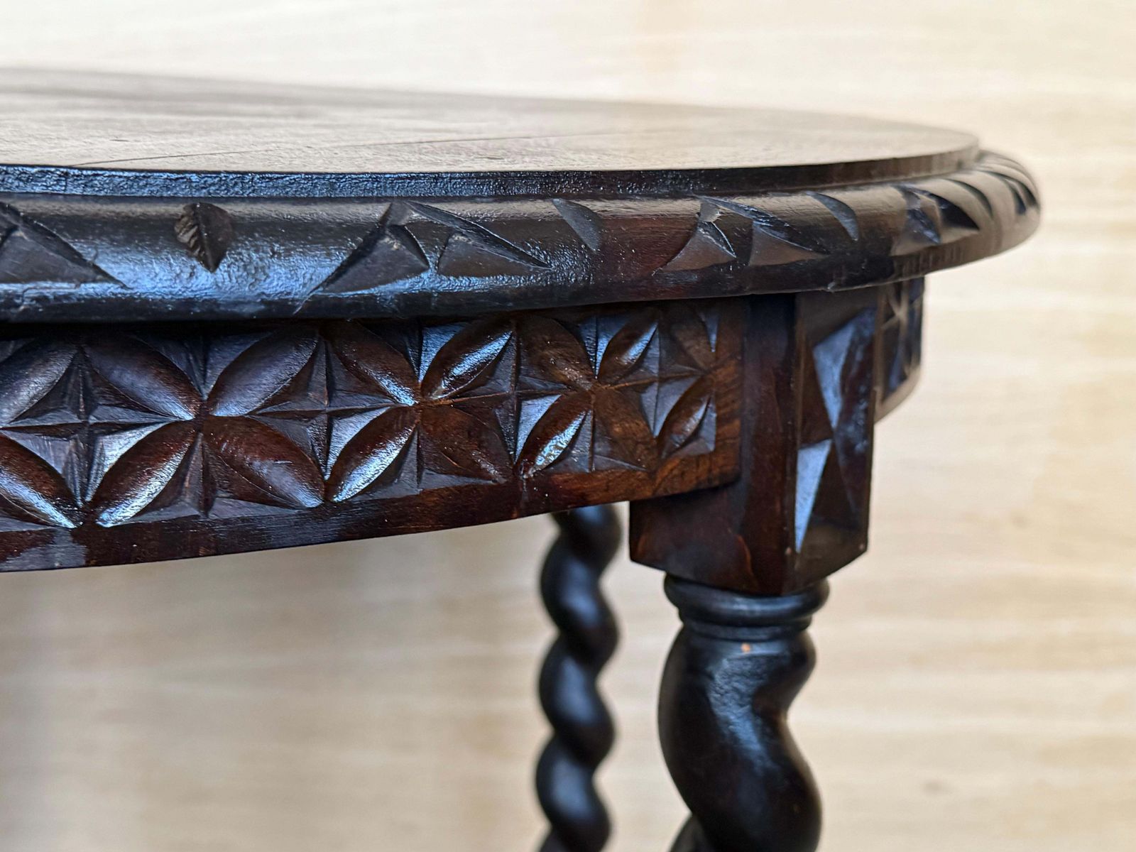 Spanish 1900s Walnut Round Side Table With Solomonic Legs And Beleveled Edges photo vintage