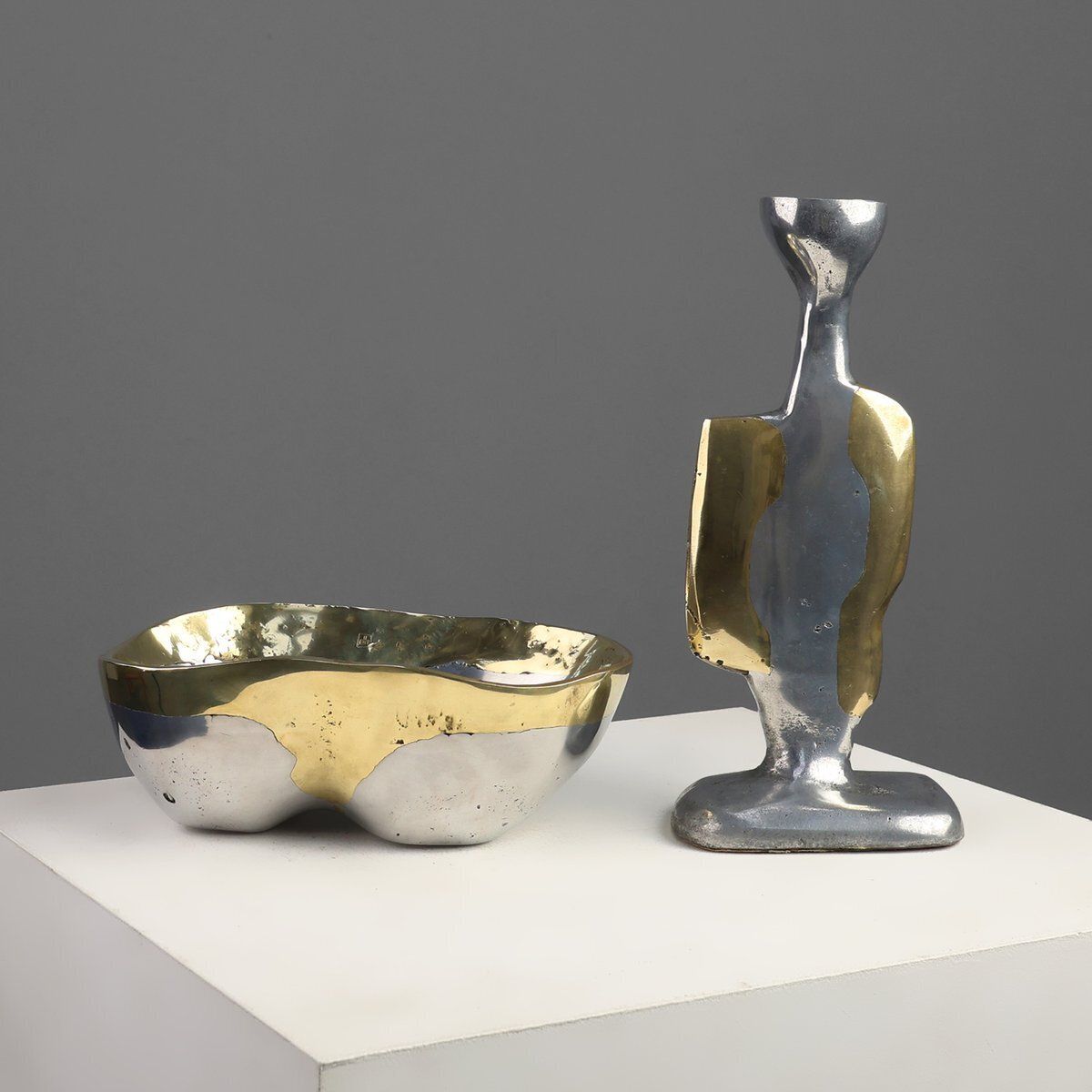 Candleholder And Bowl In Aluminum And Brass From David Marshall, United Kingdom, 1970s, Set Of 2