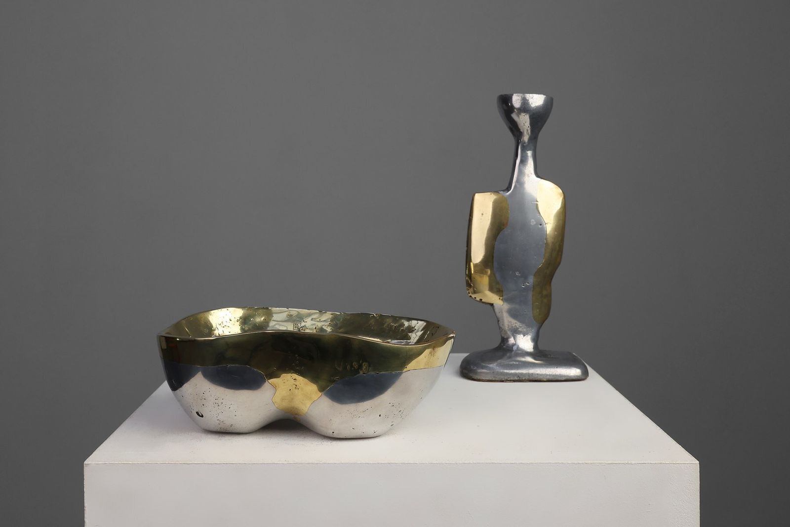 Home Decor Candleholder And Bowl In Aluminum And Brass From David Marshall, United Kingdom, 1970s, Set Of 2 photo