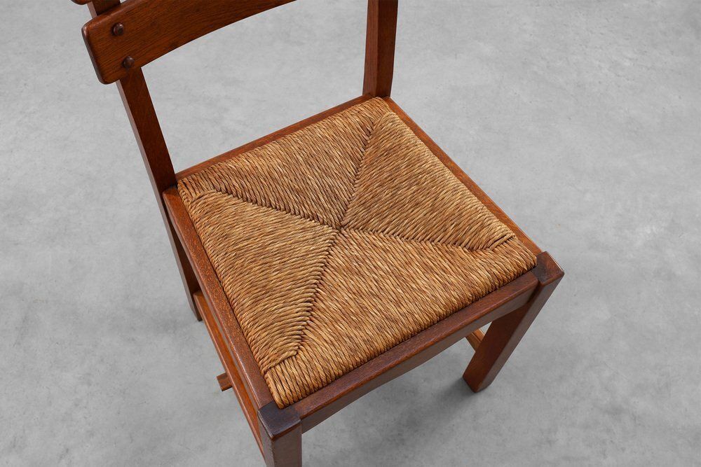 photo vinterior Mid Century Modern Brutalist Oak And Wicker Chairs, 1960s, Set Of 2
