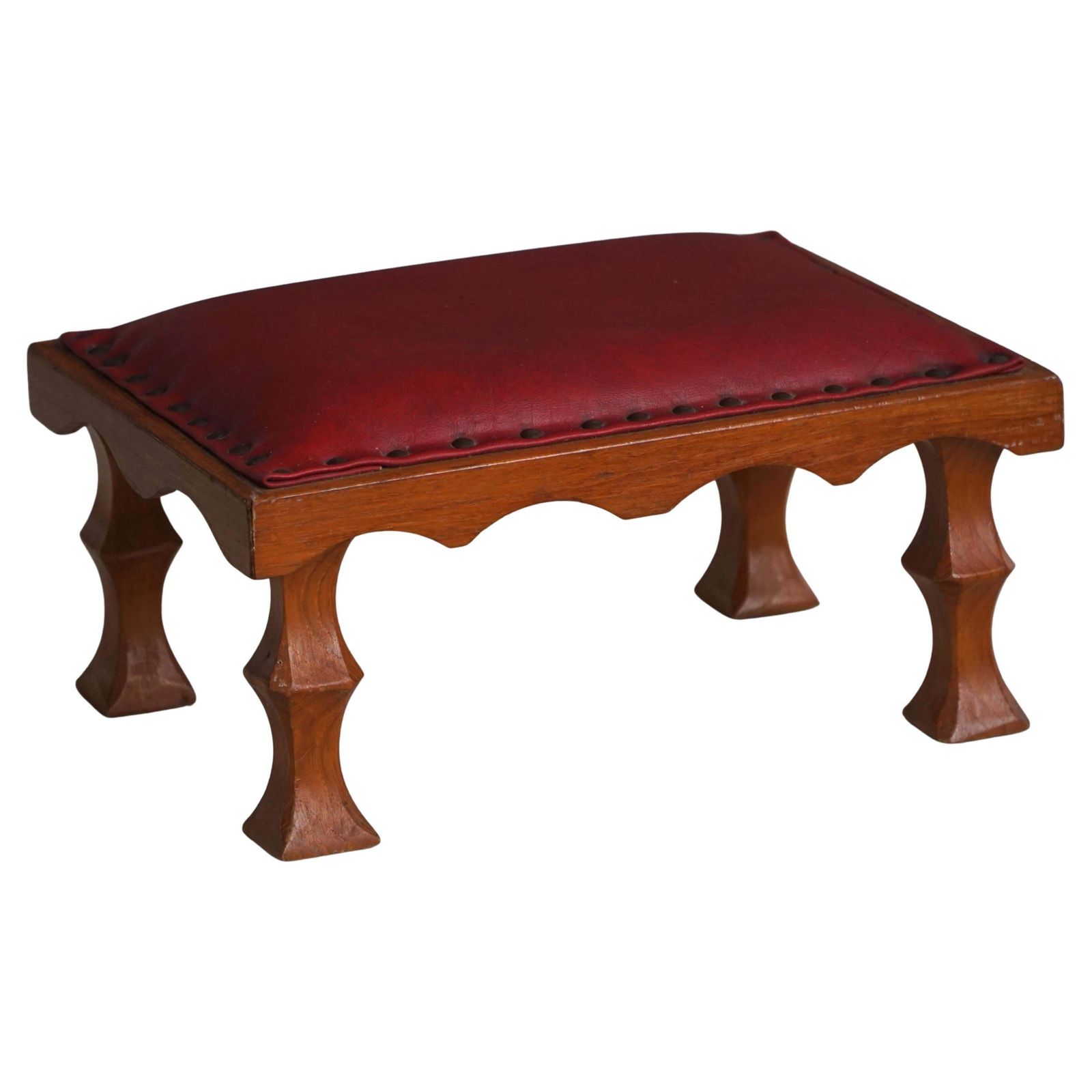 Danish, Mid 20th Century, Carved Oak Footstool With Red Leather Seat, 1950s
