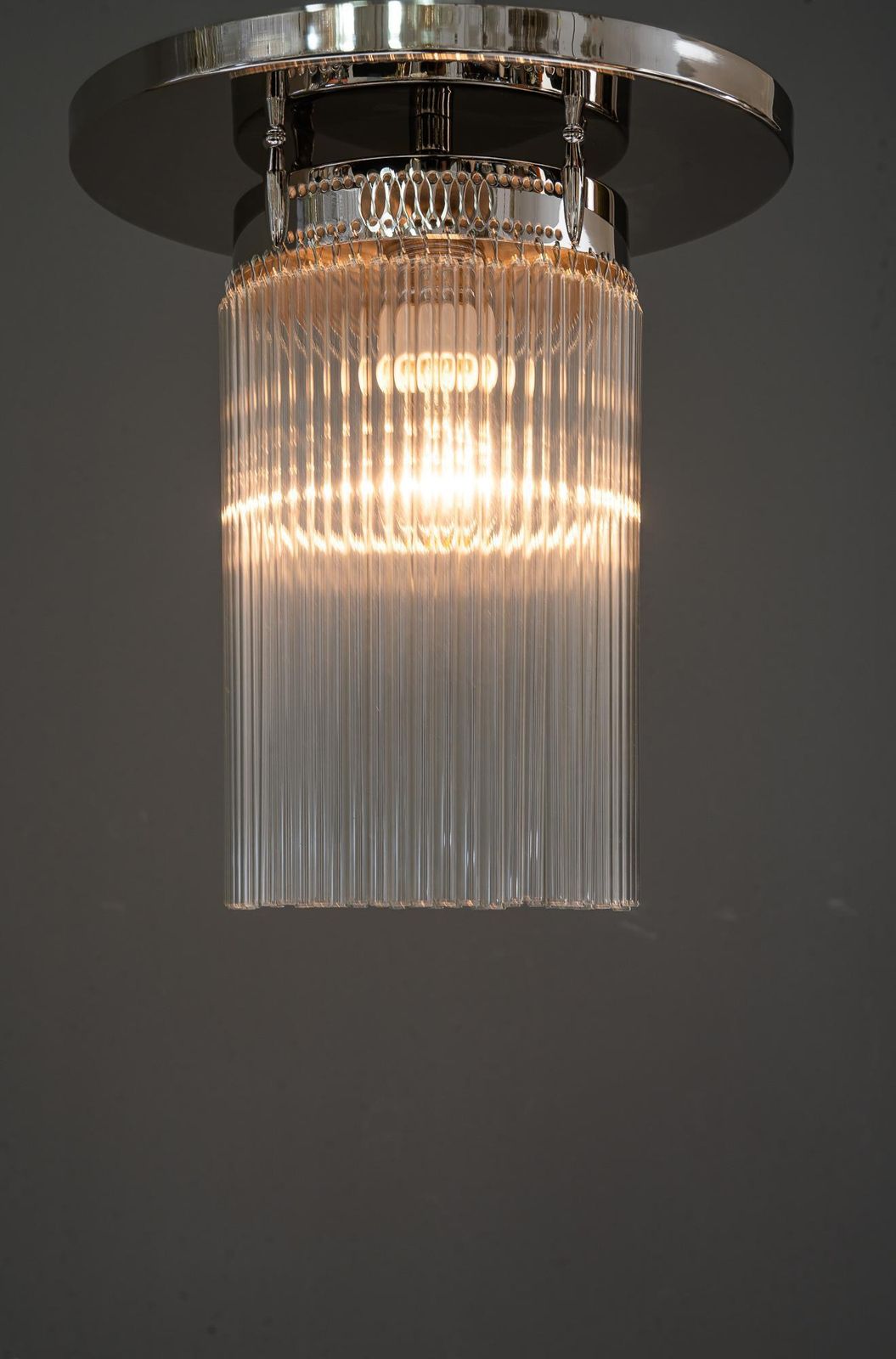 photo for sale Art Deco Nickel Plated Ceiling Lamp With Glass Sticks Vienna Around 1920s
