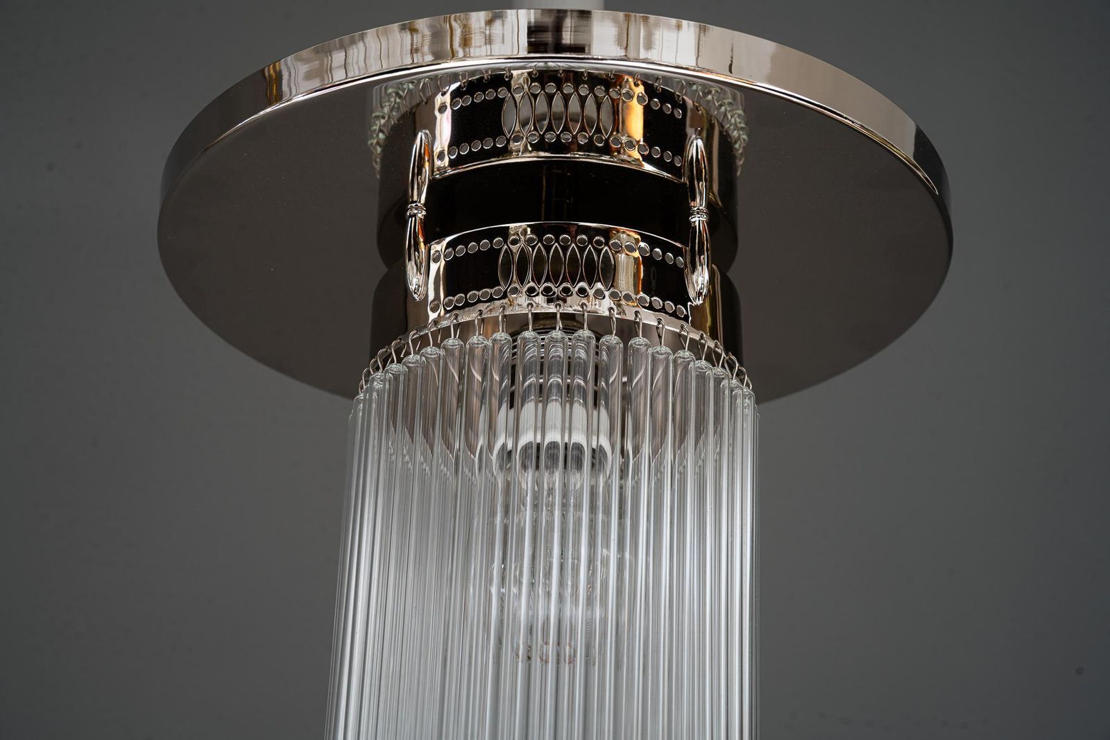 Art Deco Nickel Plated Ceiling Lamp With Glass Sticks Vienna Around 1920s photo for sale