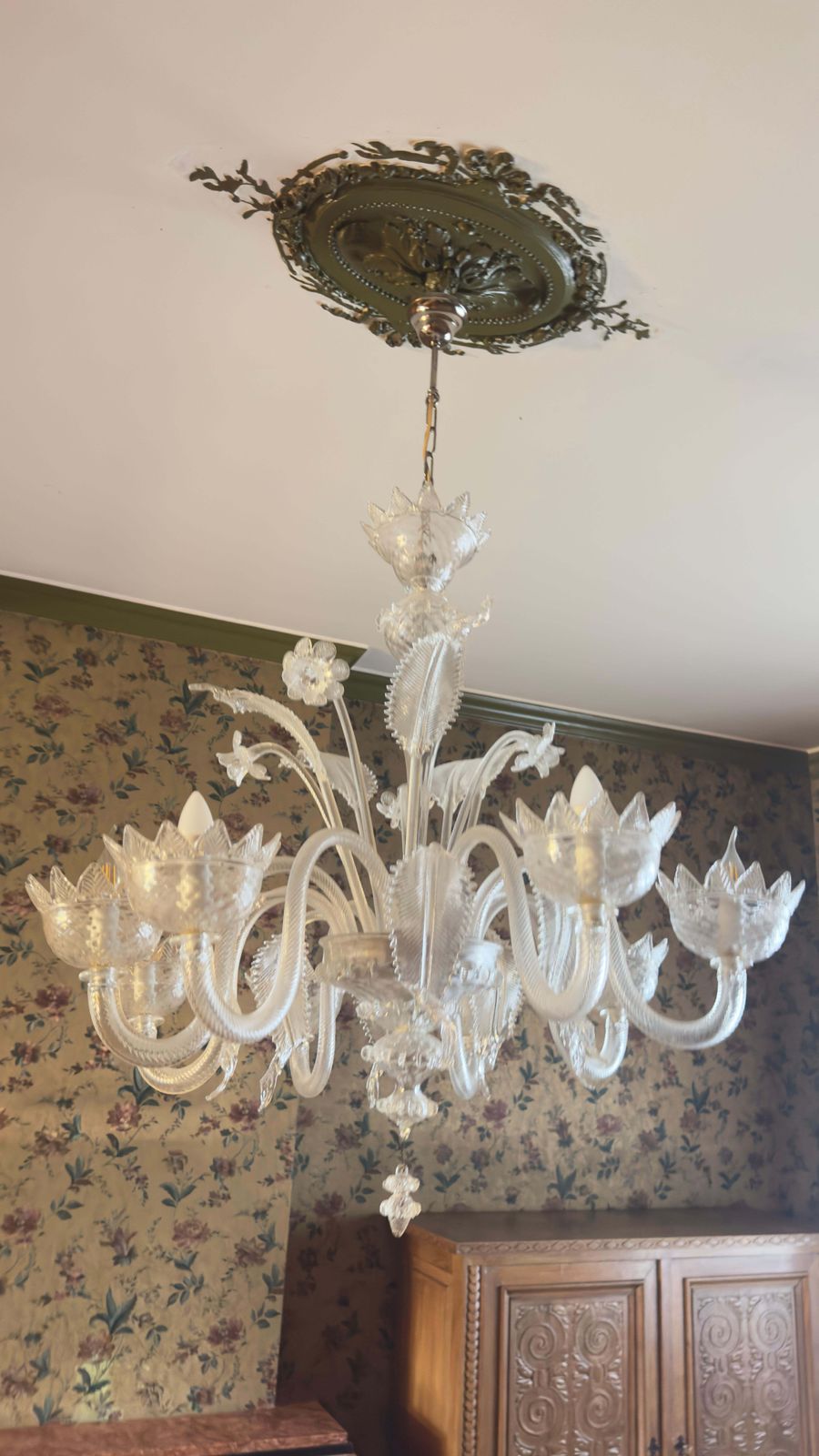 3449.0 Large Murano Clear Blown Glass With Flowers And Leaves Murano Chandelier photo