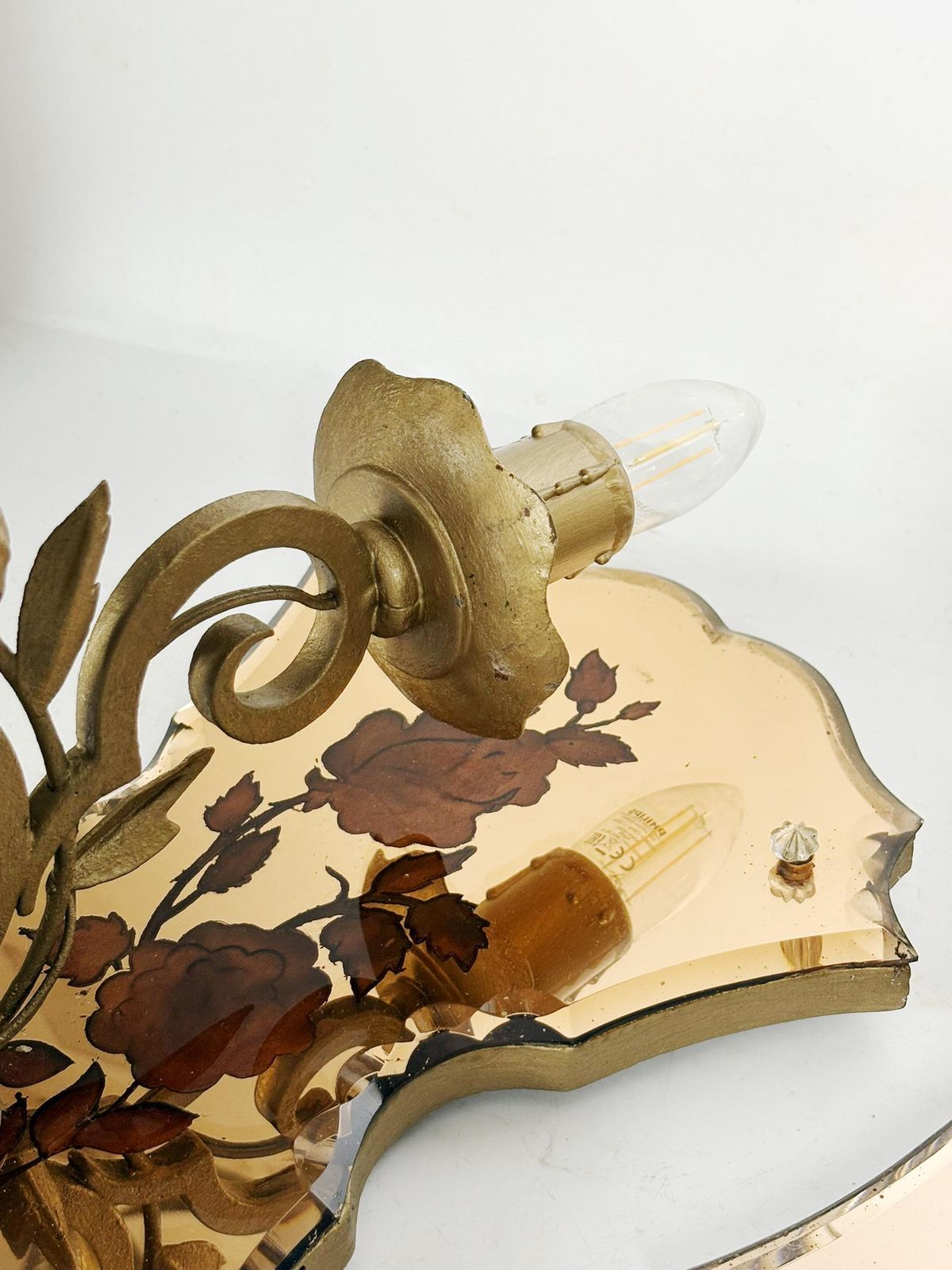 Pair Of Art Deco Wall Sconces In Patinated Gold Metal And Glass, France, 1950 photo vintage