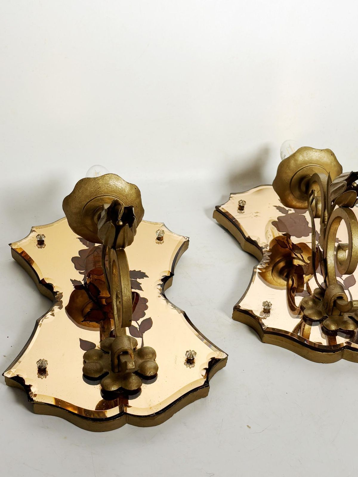photo furniture Pair Of Art Deco Wall Sconces In Patinated Gold Metal And Glass, France, 1950