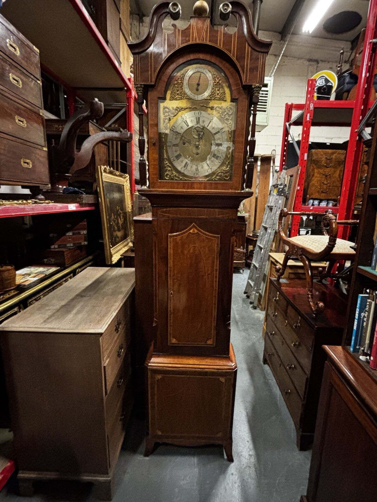photo vinterior Antique Marquetry Inlaid 3 Weight Musical Longcase Clock, Brass Dial, Superb.