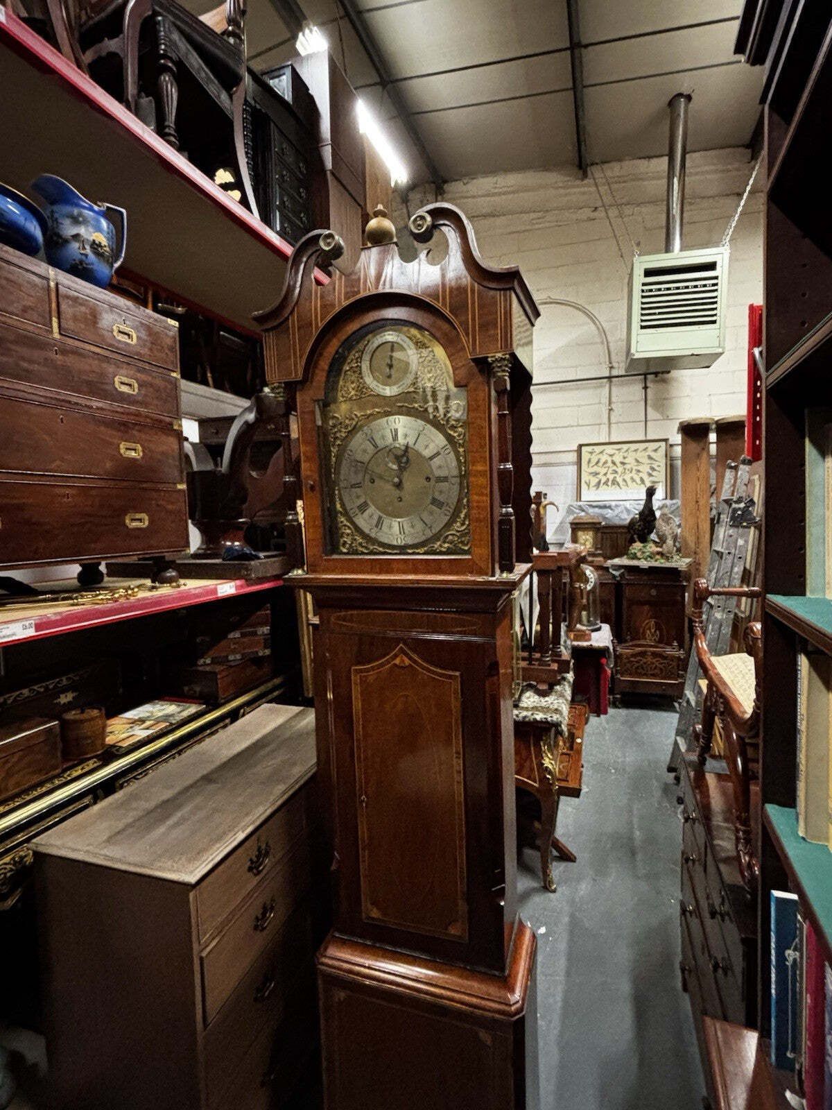 photo vintage Antique Marquetry Inlaid 3 Weight Musical Longcase Clock, Brass Dial, Superb.