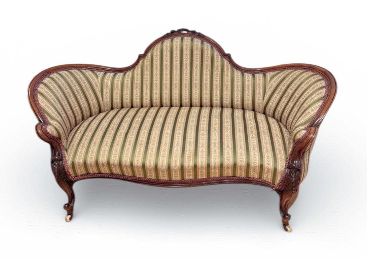 Victorian Walnut Framed Sofa, Cabriole Legs, White Castors