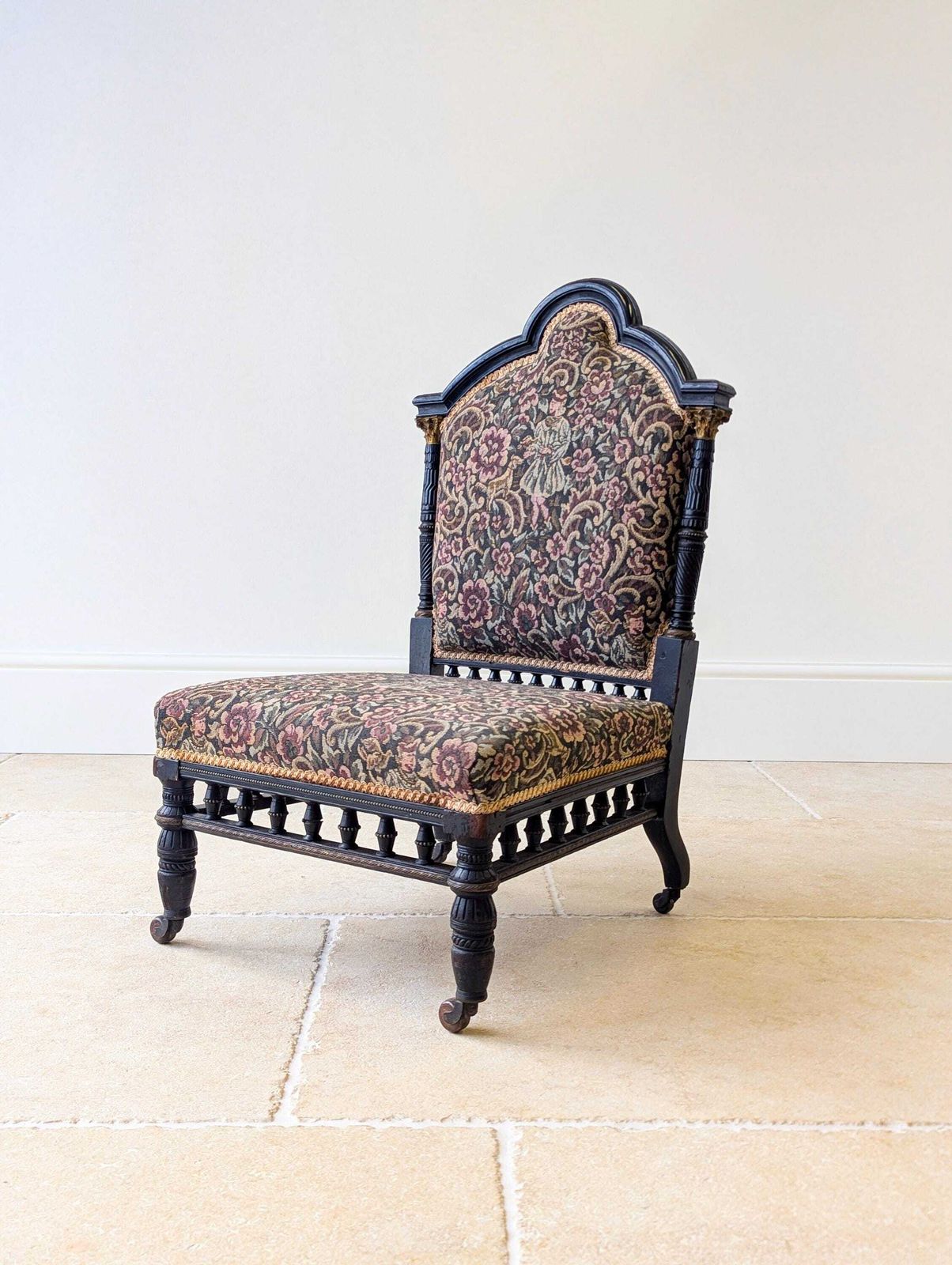 Antique Victorian Ebonised Upholstered Low Chair C.1890