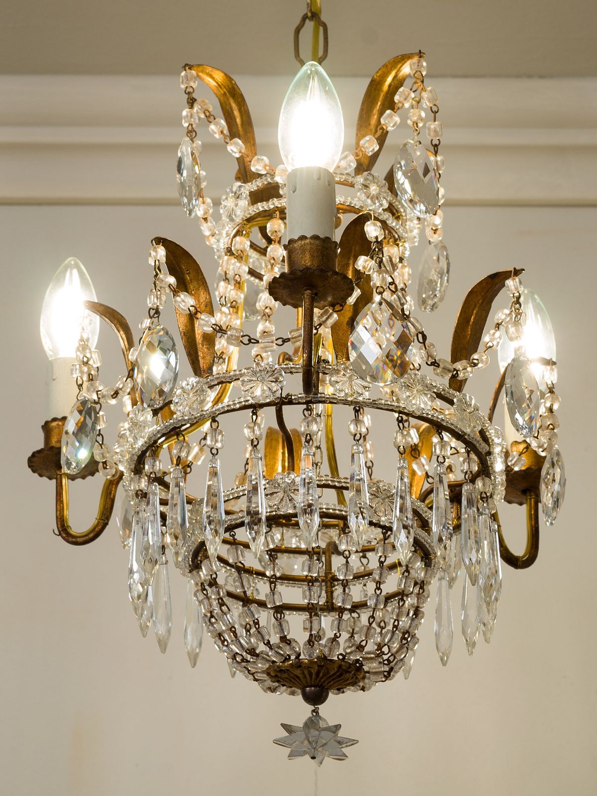 photo furniture Empire Style Chandelier With Hanging Crystals, Three Lights, Vintage