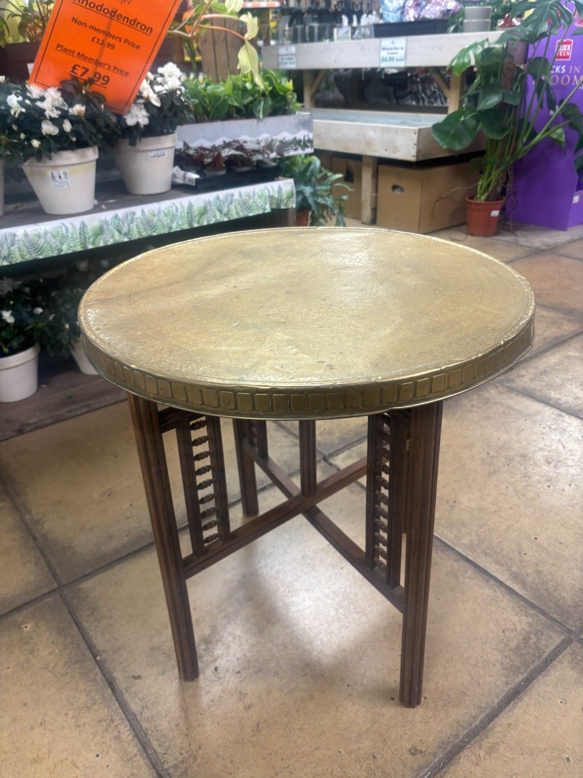 Vintage Benares Brass Tray & Wooden Legs Folding Coffee/ Side Table photo furniture
